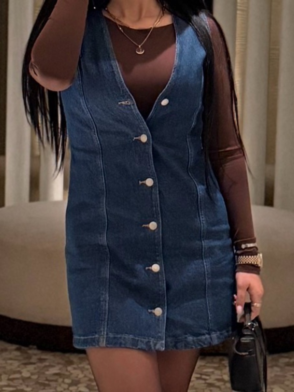 Zara Dark Blue Denim Button-Front Mini Dress